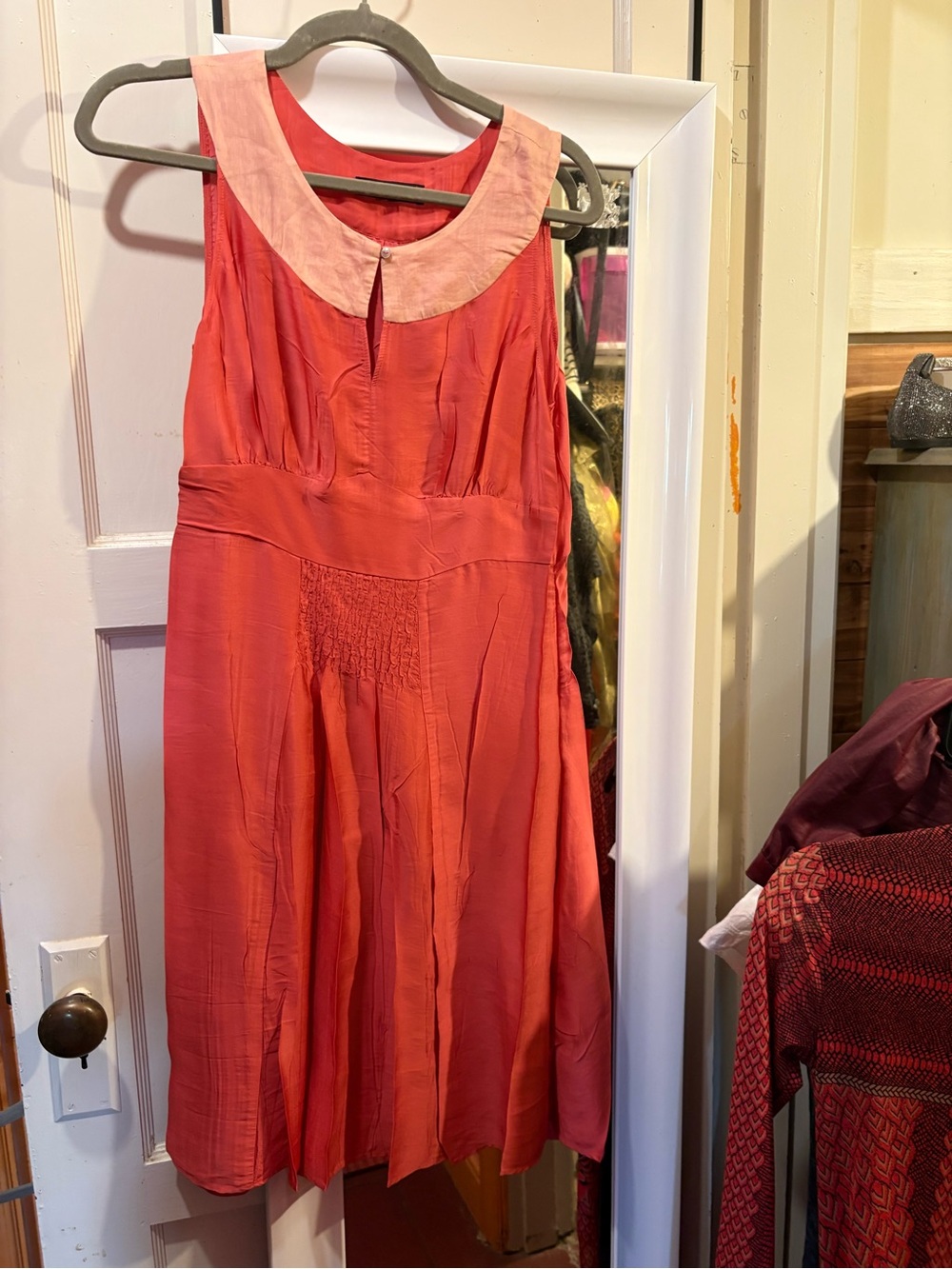 Cotelac Sleeveless Coral Pink dress French designer smocked silk blend - Picture 3 of 5